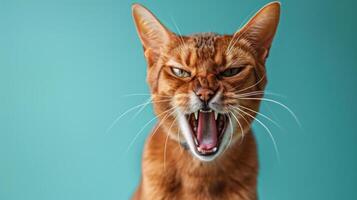 bisinio, enojado gato desnudando sus dientes, estudio Encendiendo pastel antecedentes foto