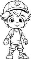 negro y blanco dibujos animados ilustración de linda bebé chico personaje con la seguridad casco para colorante libro vector