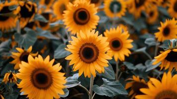 girasol campo extensión como lejos como el ojo cver, dorado seof pétalos balanceo en el verano brisa foto