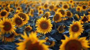 girasol campo extensión como lejos como el ojo cver, dorado seof pétalos balanceo en el verano brisa foto