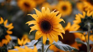 Sunflower field stretching as far as the eye csee, golden seof petals swaying in the summer breeze photo