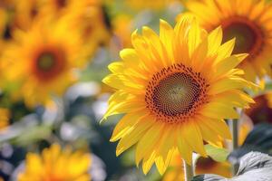 girasol campo extensión como lejos como el ojo cver, dorado seof pétalos balanceo en el verano brisa foto