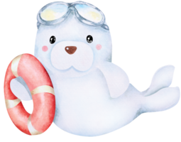 Cartoon seal carrying a rubber ring and wearing swimming goggles.Suitable for summer.Cute animals.Sea lion watercolor. png