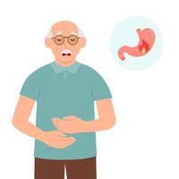 Heartburn. A senior holds her stomach with hands.Unhealthy diet and junk food, poisoning.Gastritis and acid reflux, stomach upset and stomach pain problems. vector