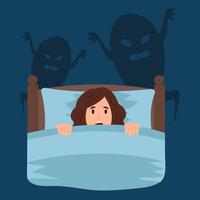 Woman feels fear, anxiety and confusion in bed. Scary monsters, nightmares.. vector