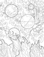 Retro Sci Fi coloring page illustration with space landscape, alien planets and extraterrestrial surfaces, line art cartoon game concept background vector