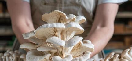 Close-up of a worker holding a bouquet of oyster mushrooms against the background of a greenhouse for growing mushrooms. Source of beta glucan. photo