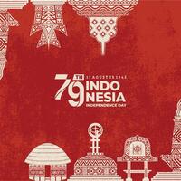 Poster celebrating Indonesia's independence on August 17 with illustrations of the Borobudur temple, national monument, Rumah Gadang, Equator Monument, Haanoi house, Bale Lumbung. vector