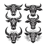 Cow face set silhouette, tribal tattoo white background vector