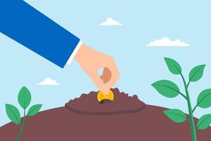 Flat illustration of hand planting coins in ground or soil investments nurturing savings vector