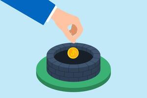 Flat illustration of hand dropping coin into well depth and potential of investments finance vector