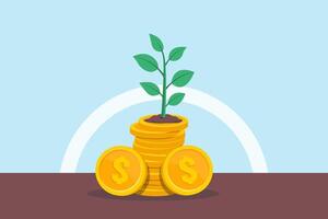 Flat illustration of pile coins sprouting plant leaves investments growth potential and sustainability wealth vector