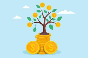 Flat illustration of pile coins sprout tree growth and sustainability of wealth investments vector