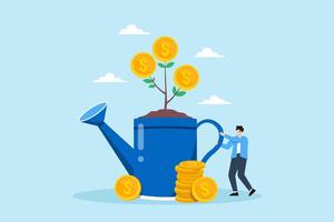 Flat illustration of plant man holding watering can growing coins investments nurturing savings and wealth potential vector