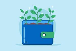 Flat illustration of Plant growth on wallet seedlings investments saving potential wealth vector