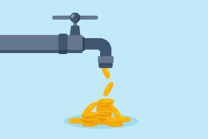 Flat illustration of coins falling from tap steady flow of investments returns finance vector