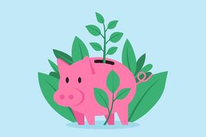 Flat illustration of green plant growing from piggy bank growth potential of investments vector