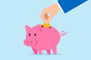 Flat illustration of hand dropping coin into piggy bank investing act saving and wealth vector