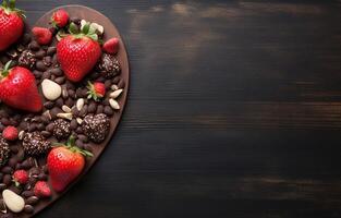 For valentine's day or another holiday, create a web banner using homemade milk chocolate with nuts and dried strawberries. Chocolate on a wooden cutboard on a gray kitchen table. AI Generative photo