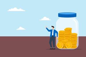 Flat illustration of person standing thumbs up by jar filled coins investments accumulation and savings vector