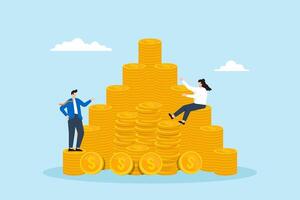 Flat illustration of businessman and businesswoman on coins stacked pyramid structure and stability of investments vector