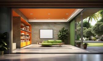 modern contemporary loft featuring an empty room with marble floors, green and orange walls. AI Generated photo