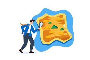 Flat illustration of businessman holding magnifying glass looking coins in treasure map investments journey and adventure vector