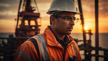 retrato de un hombre petróleo plataforma trabajador con un casco en frente de el costa afuera plataforma con puesta de sol antecedentes. ai generativo foto