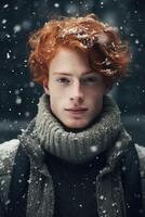 Ai generated portrait of beautiful smiling young ginger man standing under snowing photo