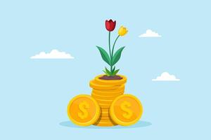 Flat illustration of stack coins sprouting flowers beautiful growth and returns of investments vector