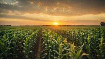 Panorama view of countryside landscape with corn field, Beautiful Maize field in sunset. ai generative photo