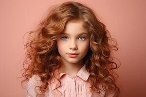 Ai generated studio portrait of cutle little curly ginger girl on different colours background photo