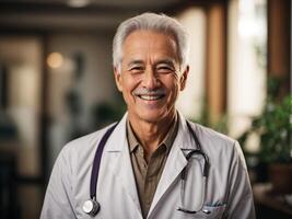 Portrait of a Happy Elderly doctor with hospital background, Enjoy doctor, Health Care Concept, AI Generative photo