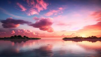 rosado puesta de sol un pintoresco paisaje de río y cielo con rosado nubes y reflexiones ai generado foto