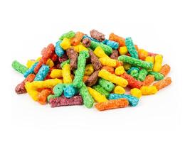 heap of colorful cereal on white background photo