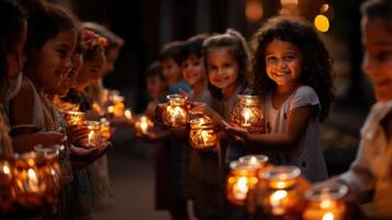 Group of indian kids lighting candles for Diwali festival. photo