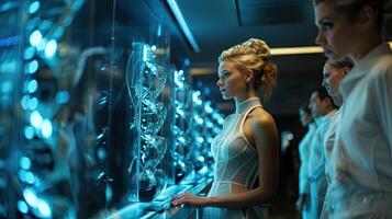 Side view of young woman looking at digital molecule in futuristic room. Concept of innovative technologies in the study of atoms. photo