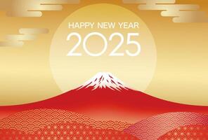 The Year 2025 New Years Greeting Card Template With Red Mt. Fuji And The Rising Sun On A Gold Background. vector