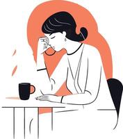 mujer sentado a el mesa y Bebiendo café en plano estilo vector