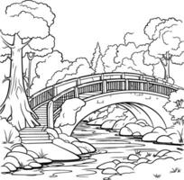 Bridge in the park. Black and white illustration for coloring book. vector