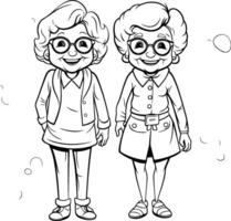 negro y blanco dibujos animados ilustración de abuela y nieta para colorante libro vector
