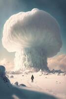 man standing in front of a huge mushroom cloud. . photo