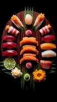 Sushi, deconstructed masterpiece, vibrant fish slices. photo