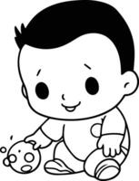 Cute baby boy playing with teddy bear. vector