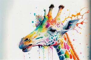 painting of a giraffe with paint splatters all over it. . photo