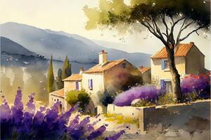 painting of a village with mountains in the background. . photo
