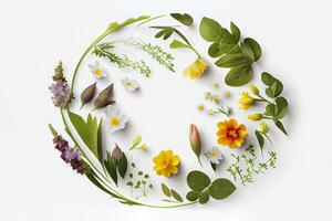 Summer herbal circle frame banner, card, invitation. Herbs, leaves and flowers on a white background. There is a place for text. Generative ai photo