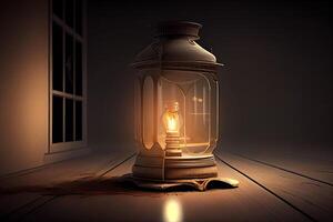 night outside the window. Burning old kerosene lamp on floor. photo