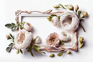 Summer herbal banner, greeting card, invitation. Herbs, leaves and flowers with wooden frame on a white background with place for text. Generative ai photo