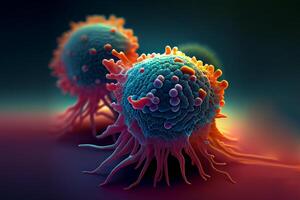 Cancer Cells destroyed by oncogenic virus, cell modifying virus, biological therapy agents. 3D rendering Generative ai photo